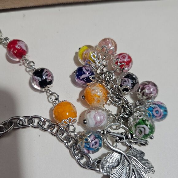 Leaf Clasp Glass Bead Necklace Asymetrical Colorful Art Teacher Drop Pendant 20" - Picture 2 of 4